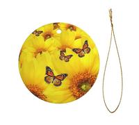 Yellow Flowers Butterflies Christmas Ceramic Circular Pendant,Christmas Decoration,Holiday Party Decoration,Elegant And Fashionable,Suitable For Family And Friends To Share
