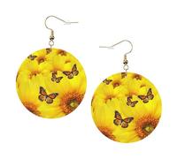 Yellow Flowers Butterflies Print Piercing Round Leather Earrings Set 1 Pair Stylish Leather Earrings Dangle Hoop For Women Jewelry Gifts