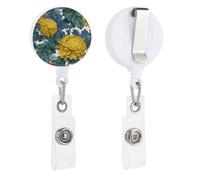 Yellow Flowers Green Leaf Pattern Retractable Badge Holder Reel Clip ID Card Holder for Doctor Nurse Student Office Worker