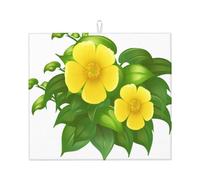 Yellow Flowers in Green Bush, Dish Drying Mat, 18x16 Inch Absorbent Microfiber Quick Dry Machine Washable for Dishes Pots Pans Glassware Coffee Bar Under Rack