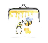 Yellow Flying Bee Dressed Up Gnome Honeycomb on White Women Leather Mini Buckle Coin Purse, Clasp Kiss Lock Closure Card Key Change Wallet for Women Girls Men Girl