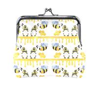 Yellow Flying Bee Dressed up Gnome Honeycomb on White Women Leather Mini Buckle Coin Purse, Clasp Kiss Lock Closure Card Key Change Wallet for Women Girls Men Girl