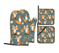 Yellow Fox Print Oven Mitts & Pot Holders Set of 4 - Non-Slip Mitts High Heat Hot Pads for Kitchen Cooking