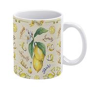 Yellow Fresh Citrus Fruit Lemon with Green Leaves and Flowers White Ceramic Cup Mug for Tea Coffee Milk Juice 11 Oz for Home Party Offices Cafe Mom Father Daughter Son Gift