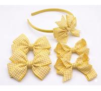 Yellow Gingham Hair Accessories Set Including 4 Check Hair Bow Clips & 1 Hairband - Ideal for Matching BTS Back to School Summer Dresses Uniform, Perfect for Girls School Dress