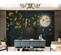 Yellow Ginkgo Leaves Moon Flying Birds Art 3D Wallpaper Luxury Silk Study Dining Feature Sofa Grey Bedroom Living Room Tv Decorative Wall-250cm×170cm