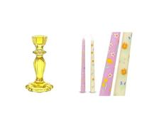 Yellow Glass Candlestick Holder & Floral Tapered Pink Yellow Candles Bundle
