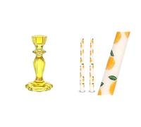 Yellow Glass Candlestick Holder & Lemon Design Tapered Dinner Candles Bundle