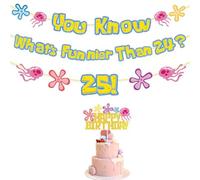 Yellow Glitter 25th Birthday Banner & Cake Topper Set - Funny “What’s Funnier Than 24?” Quote Decorations for Party, Fireplace, Cake, Perfect for Friends or Family