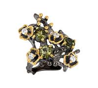 Yellow Gold Moldavite & Cubic Zirconia Prong Ring, Round Faceted Green Stones 5mm, 2mm, Stackable Statement Jewelry for Everyday & Special Occasions U1/2, 63(20.10)