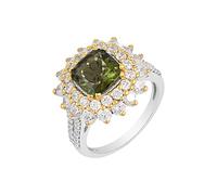 Yellow Gold Moldavite & Cubic Zirconia Prong Ring, Square & Round Faceted Green Stones 8mm, 2mm, 1.5mm, Stackable Statement Jewelry for Everyday & Special Occasions W1/2, 66(21.00)