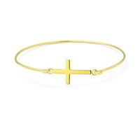 Yellow Gold Plated .925 Sterling Silver Sideways Cross Bangle Bracelet - Delicate Simple Religious Inspirational Christian Faith for Women's Teen