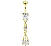 Yellow Gold Plated Clear Cz Stone Heart with Round and Triple Marquis Dangling Sterling Silver with Stainless Steel Belly Bar - Navel Jewellery - Belly Button Ring Body Jewellery