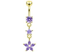 Yellow Gold Plated Lavender Cz Stone Round with Star and Daisy Flower Dangling Design 925 Sterling Silver with Stainless Steel Belly Bar - Navel Jewellery - Belly Button Ring Body Jewellery