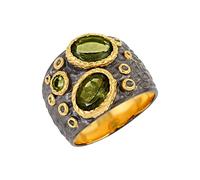 Yellow Gold Plated Moldavite Ring 6x8mm Oval Faceted Green Bezel Set Round Accent Textured Sterling Silver Statement Ring K1/2, 51(16.2)