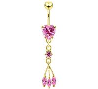 Yellow Gold Plated Pink Cz Stone Heart with Round and Triple Marquis Dangling Sterling Silver with Stainless Steel Belly Bar - Navel Jewellery - Belly Button Ring Body Jewellery