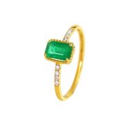 Yellow Gold Ring Real 18K, The Wedding Band Elegant with 0.5Ct Rectangle Emerald and 0.05Ct Diamond Size L 1/2