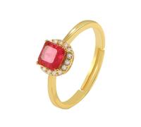 Yellow Gold Ring Real, Pretty Rings for Women 14K Round with Red Square Shape Created Ruby Size N 1/2