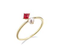 Yellow Gold Ring Real, Simple Engagement Rings 18K with Ruby And Round Pearl Size W 1/2