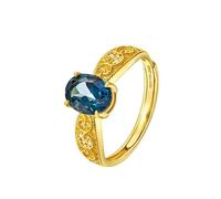Yellow Gold Ring Thin 18K, Set Wedding Ring Vintage Vine Pattern with Oval Shape Topaz Size U 1/2