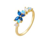 Yellow Gold Wedding Ring 9K, Simple Rings for Women Flower with Blue Round Shape Lab Created Sapphire Size P 1/2