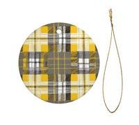 Yellow Gray Black Plaid Christmas Ceramic Ornament - Double-Sided Uv Printed Round Hanging Decoration with Gold String for Tree