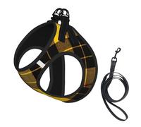 Yellow Gray Black Plaid Print Small Dog Harness And Leash Set, Adjustable Soft Vest With 360° Reflective Straps For Cats Puppy
