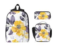 Yellow Gray Flower Backpack Set for Girls Boys with Lunch Bag Pencil Case Watercolor Floral 3 Pieces School Bags Insulated Lunchbox Gifts for Women Men