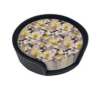 Yellow Gray Flower Coasters For Drinks, 6 Pcs Leather Coaster With Holder, Round Cup Mat Pad Set For Home Office Table Decoration