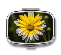 Yellow Gray Flower Pill Case with 2 Compartment, Pill Organizer Portable Square Pill Box,Vitamin Pill Organizer for Pocket Purse and Travel