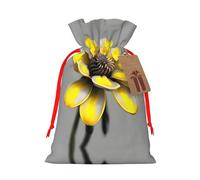Yellow Gray Flower Print Christmas Drawstring Holiday Candy Bag Xmas Sacks Reusable Wrapping Bags Party Favor
