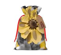 Yellow gray flower Printed Christmas Drawstring Bags Reusable Bag for Party Xmas Gift Wrapping, Red Ribbon, M