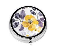 Yellow Gray Flower Small Pill Box 3 Compartment Portable Pill Box for Purse Pocket Watercolor Floral Mini Medicine Organiser for Daily Vitamin Fish Oil Storage