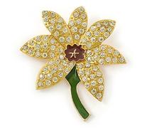 Yellow/Green Enamel Crystal Daffodil Brooch In Gold Plating - 55mm L