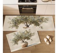 Yellow-Green Kitchen Rugs and Mats Set of 2 Pieces Realistic Style Kitchen Decoration Non Slip Absorbent A Potted Olive Tree Kitchen Mat Runner Rug for Sink Hallway Laundry Room 50x80cm+50x150cm