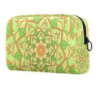 Yellow Green Leaf Shaped Flower Kaleidoscope Pattern Cosmetic Bag for Women, Travel Toiletries Bags Large Makeup Handy Pouch Organiser Bag with Zipper