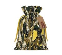Yellow & green Printed Christmas Drawstring Bags Reusable Bag for Christmas Party Xmas Gift Wrapping, Yellow Ribbon, M