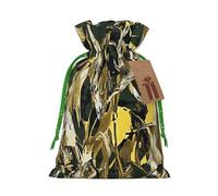 Yellow & green Printed Christmas Drawstring Bags Reusable Bag for Party Xmas Gift Wrapping, Green Ribbon, M