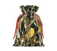 Yellow & green Printed Christmas Drawstring Bags Reusable Bag for Party Xmas Gift Wrapping, Red Ribbon, M
