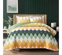 Yellow Green Rhomb Plaid Quilt Set 3pc Twin Size 2pc Reversible Coverlet Bedspread Set Soft Microfiber Lightweight All Season Quilt Bedding Set Bed Cover for All Season 68 * 86