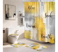 Yellow Grey Modern Abstract Bathroom Set with Shower Curtain and Rugs | 4pc 72Wx72H Inch Oil Print Shower Curtain Complete Bathroom Sets Toilet Lid Cover Nonslip U Shape Mat