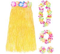 Yellow Hawaiian Hula Skirt and Multicoloured Lei Set X1 - Flower Necklace, Headband and Bracelet - 80cm Grass Hula - Luau - Fancy Dress Costume Accessory