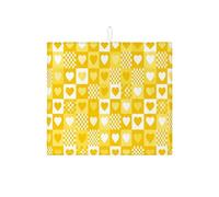 Yellow Heart Dish Drying Mats for Kitchen Counter, Joyful Checkered Absorbent Dish Drainer Rack Mat, Spring Microfiber Drying Pad for Coffee Bar 16x18 Inch