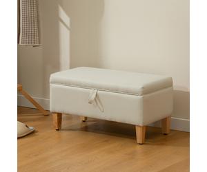 (Yellow) HOMCOM Linen Storage Ottoman Storage Box with Rubberwood Legs