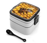 Yellow Honey Bento Box with Spoon & Handle - 2 Compartment Leak-Proof Stackable Lunch Box for Adults, BPA-Free Reusable Food Containers for Work, Travel, Picnic
