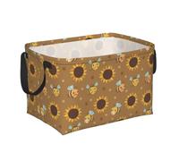 Yellow Honeybee Sunflower Blossoms Foldable Rectangular Storage Basket | Open-Top Design With Two Handles And A Flexible Plastic Rim.
