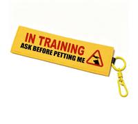 Yellow in Training Ask Before Petting Dog Leash Sleeve Warning Wrap | Double-sided canvas sleeve with yellow clip clearly shows In Training for park walks & training. Dual velcro, 8.66x2.3"