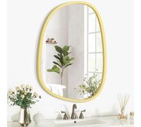 Yellow Irregular Wall Mirror With Modern Asymmetrical Wooden Frame - Unique Shape Vanity Artistic Oval Decorative for Living Room, Bedroom, Bathroom, Entryway