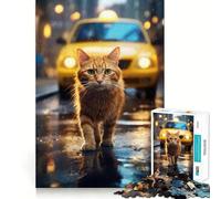 Yellow Kitty Cat Walking Jigsaw Puzzles1000 Pieces Brain Recall Game Premium Laser Cut Quality Absorbing Activity for Quiet Nights (38x26cm)