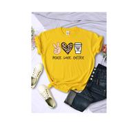 (Yellow, L) Peace Love Coffee Prints Women Tshirts Cotton High Quality T-Shirts Brand Breathable Tees Shirts Street O-Neck Tshirt For Women